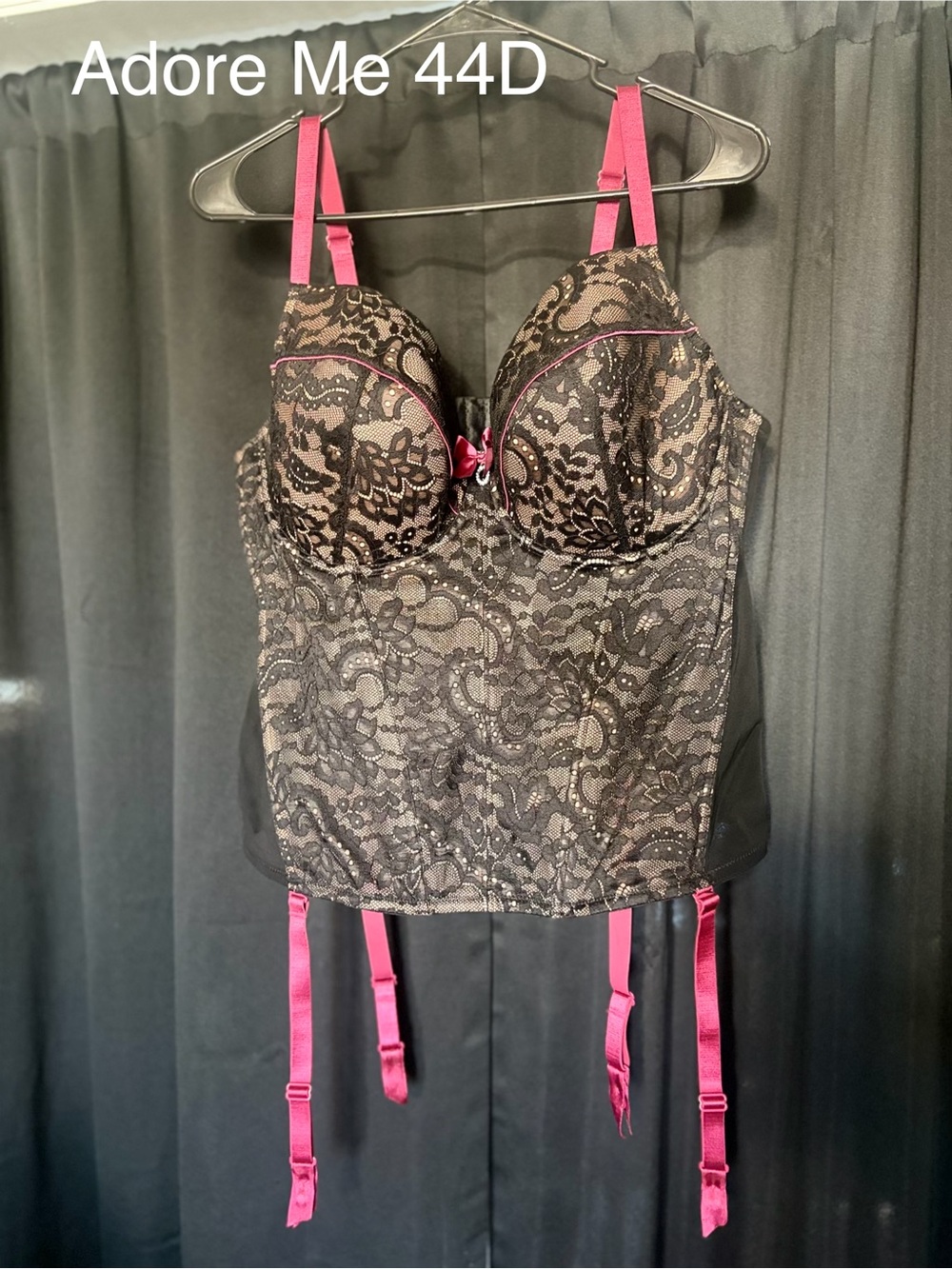 Adore Me Black Lace Bustier with Pink Straps
